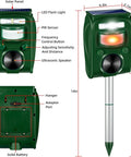 Image of Solar Ultrasonic Animal Repeller With Five Frequency Modes, Motion Sensor, and Strobe Light, dimensions shown.