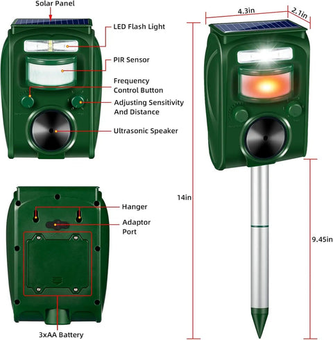 Image of Solar Ultrasonic Animal Repeller With Five Frequency Modes, Motion Sensor, and Strobe Light, dimensions shown.