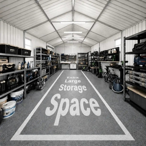 Interior of 10x20 Foot Metal Garage Shed With Double Hinged Doors And Four Windows, Heavy Duty Carport For Cars Boats Trucks Equipment