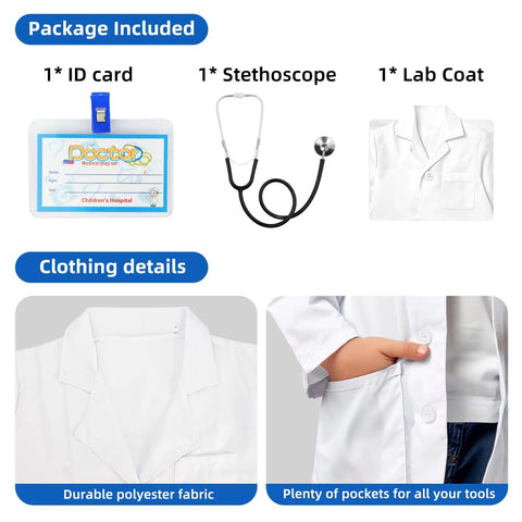 Kids Doctor Lab Coat Set With Stethoscope And Name Tag For Dress Up Scientist Costume For Boys And Girls Ages 3 To 12 White Size 130CM