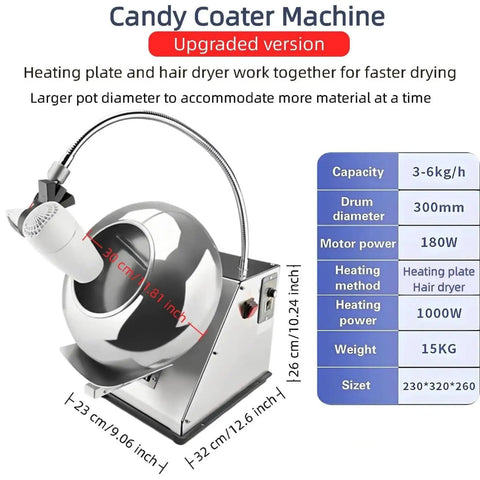 Knockout Tabletop Candy Coater With Silky Sugar Glazing And Quick Blower System For Sweet Small Batch Sweets 180 Watt Motor 1000 Watt Heater 3 To 6 Kilos Per Hour with upgraded design and specifications