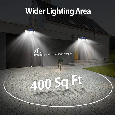 Two Pack Solar Motion Sensor Outdoor Lights With 180 LEDs And 3000 Lumens illuminating a 400 sq ft area