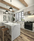 Modern kitchen with marble island, wooden beams, and white cabinetry highlighting 10 Pack Black 5 Inch Center To Center Cabinet Handles Drawer Pulls Square Hardware For Kitchen Cabinets Dresser Bathroom Vanity Durable Metal Construction With Smooth Edges For Easy Installation And A Modern Square Look For Any Kitchen Or Bath Decor.
