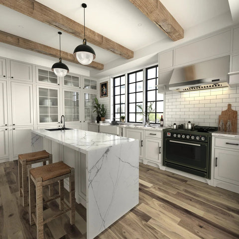 Modern kitchen with marble island, wooden beams, and white cabinetry highlighting 10 Pack Black 5 Inch Center To Center Cabinet Handles Drawer Pulls Square Hardware For Kitchen Cabinets Dresser Bathroom Vanity Durable Metal Construction With Smooth Edges For Easy Installation And A Modern Square Look For Any Kitchen Or Bath Decor.