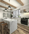 Modern kitchen with matte black cabinet handles, white cabinets, marble island, and wooden accents. 30 Pack 3 Inch Matte Black Solid Cabinet Handles Rust Resistant Kitchen Drawer Pulls With 76mm Center Hole Tough Durable Hardware For Cabinets And Drawers Smooth Touch visible.