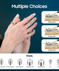 Hands holding a Pro Grade Ring Bender Tool Kit For DIY Jewelry Making With Dies, shown with mold sizes and angle options.