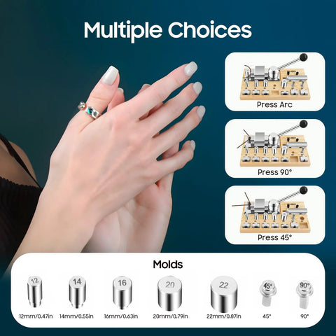 Hands holding a Pro Grade Ring Bender Tool Kit For DIY Jewelry Making With Dies, shown with mold sizes and angle options.