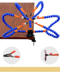 Six Flexible Arm Helping Hands Soldering Station With Silicon Clip Tips secured on table showcasing flexible silicon arms.