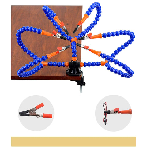 Six Flexible Arm Helping Hands Soldering Station With Silicon Clip Tips secured on table showcasing flexible silicon arms.