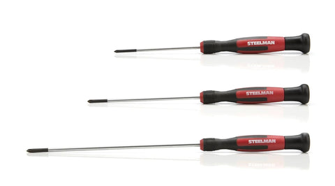 Straight Up Precision Electronics Screwdriver Set That Delivers Six Premium S2 Steel Tool Bits With Reliable Swivel Magnetic Heads For Fast Phillips Slotted Fixes And Everyday Handyman Jobs, three slotted screwdrivers with black grips.