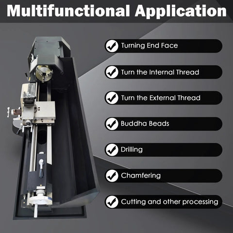 Side view of TechTONGDA metal lathe, industrial bench geared-head, 10x27 in, variable-speed, high torque