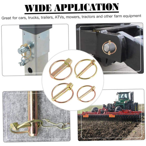 Ten Pack Safety Pin Locks For Lawn Mower Trailers And Farm Equipment Heavy Duty Lynch Pin Retainer Kit showing application examples.