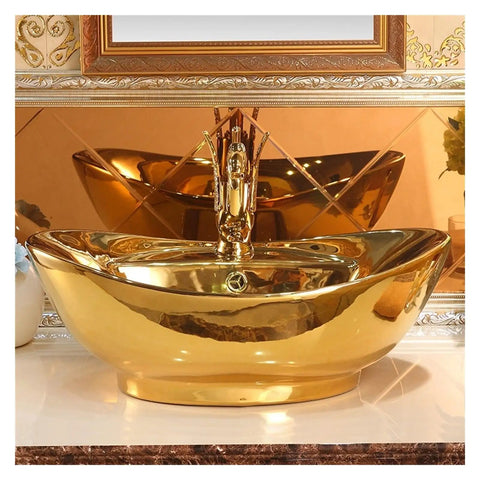Countertop Bathroom Sinks Ceramic Wash Basin golden sink with elegant curves and faucet, perfect for modern bathroom design.