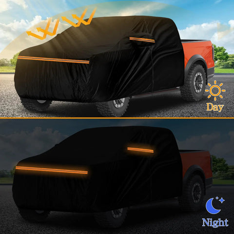Kistrba mid-size crew-cab truck cover; black fabric with orange reflective stripes; full cover.