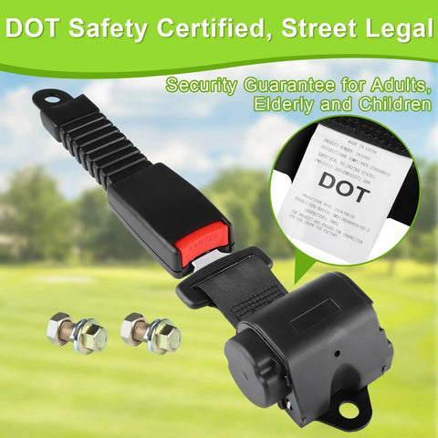 Sweet 61 Inch Retractable Dot Lap Seat Belt Universal Two Point Adjustable Strap For Golf Carts Street Legal Certified with buckle and installation parts.