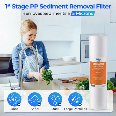 Woman using kitchen sink with 3-Year High Capacity Replacement Filter Pack For Standard 5-Stage RO Systems, 22 Count, visible nearby.