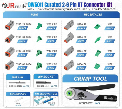 DT Deutsch Connector Kit 2 3 4 6 Pin With 16 Gauge Solid Contacts For 16 To 20 AWG Wiring Including Crimp Tool And Pin Removal Tool