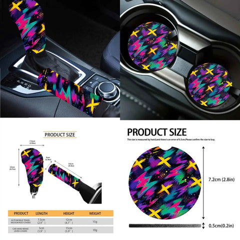Dope Neon Abstract Car Seat Cover Set 16 Piece For Front And Rear Seats With Shoulder Pads Steering Wheel Cover Armrest Pad Cup Coasters Gear Shift Cover Handbrake Cover Rearview Mirror Cover And Car Trash Can For Auto Truck SUV, gear and cup covers