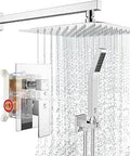 12 Inch High Flow Rain Shower System With Wall Mounted Head Polished Chrome Finish All In One Kit Includes Rough In Valve Body And Trim Easy Install Spa Like Luxury, showing chrome shower head and handheld.