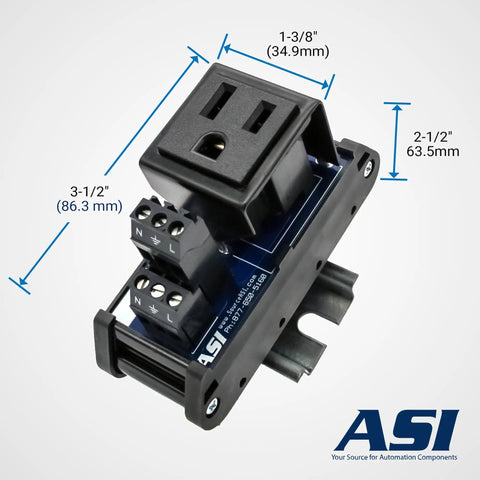 Single Three Prong Grounded AC Outlet Power Module For Din Rail Mount 120V 15A NEMA 5-15P Receptacle Plug In Ready Durable Convenience Outlet Hub For Industrial Panels