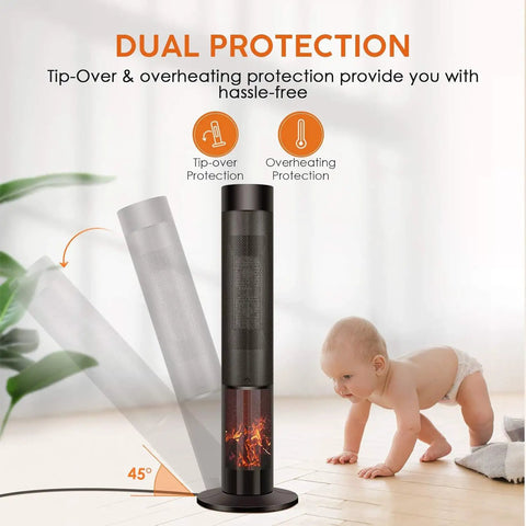 36 Inch Tower Space Heater For Large Rooms With 1500W Ceramic Electric Fireplace Effect, Adjustable Thermostat, Realistic 3D Flames, Smooth Oscillation And Wireless Remote Slams The Freeze Like A Champ with dual protection features.
