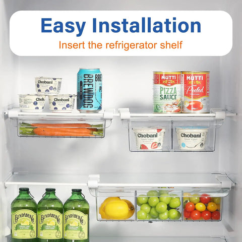 No Fuss Fridge Drawer Organizer Slides Under Shelf For Crisper Bin Storage With Slick Gliding Rails To Keep Your Kitchen Stash Of Fresh Produce Dairy Deli Meats And Condiments Neat Without Any Heavy Lifting Today
