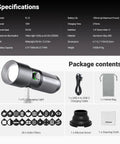Basics RGB Photography Flashlight With 4 Colors And 20 GOBO Filters package contents including flashlight, cable, bag, and snoot