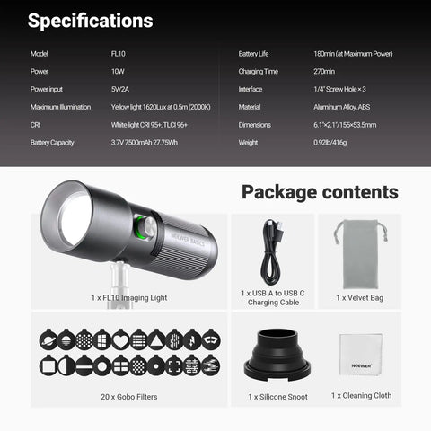 Basics RGB Photography Flashlight With 4 Colors And 20 GOBO Filters package contents including flashlight, cable, bag, and snoot