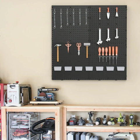Black Plastic Pegboard Wall Organizer Panels, 4 Pack of 17.5x17.5 Inches, Stand Off Design mounted in workshop with tools.