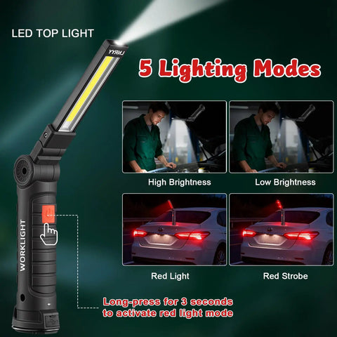 Rechargeable LED Magnetic Work Light With 360 Degree Rotation And 5 Modes, shown with lighting modes and compact design
