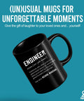 Black mug with 'Engineer' definition text, promoting the Engineer Definition Ceramic Mug 11 Oz Black Funny Gift For Engineering Students And Pros The Ultimate Gearhead Mug For Computer Civil Mechanical Electrical Software Engineers Perfect Teacher Or Colleague Gift.