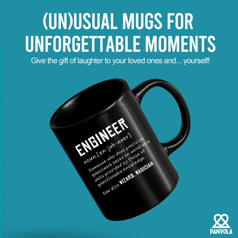Black mug with 'Engineer' definition text, promoting the Engineer Definition Ceramic Mug 11 Oz Black Funny Gift For Engineering Students And Pros The Ultimate Gearhead Mug For Computer Civil Mechanical Electrical Software Engineers Perfect Teacher Or Colleague Gift.
