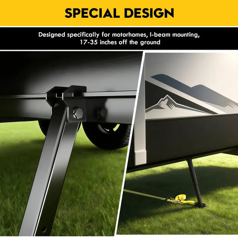 Heavy-Duty I-Beam Mount Stabilizer for RVs and Trailers, rugged carbon steel design deployed on grass terrain for support