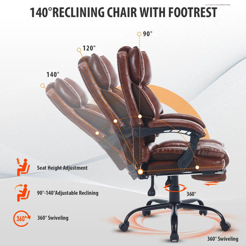 Big Tall Reclining Executive Office Chair With Footrest in multiple reclining positions and swivel features, brown leather