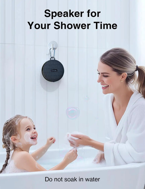 Cycling Bluetooth Speaker For Bike With IP65 Waterproof Build installed in a bathroom, mother and child in a bathtub with bubbles.
