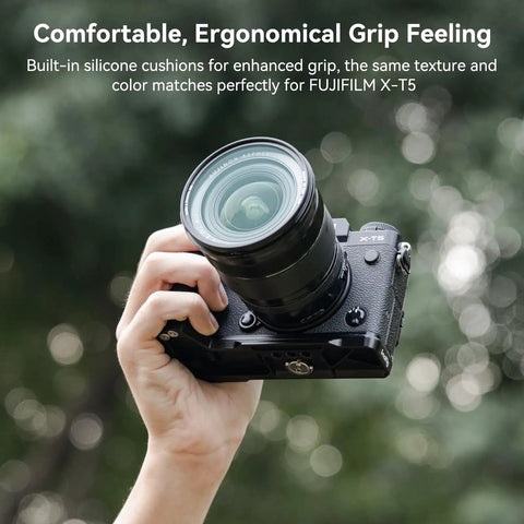 Hand holding X T5 L Shape Grip With Built In Arca Quick Release Plate For Fujifilm X T5 Camera Comfy Silicone Handgrip outdoors
