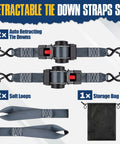 Retractable Ratchet Tie-Down Straps 2 Inch By 10 Feet, 3000 Lbs Break Strength shown with auto-retracting design and storage bag