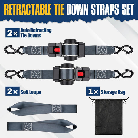 Retractable Ratchet Tie-Down Straps 2 Inch By 10 Feet, 3000 Lbs Break Strength shown with auto-retracting design and storage bag