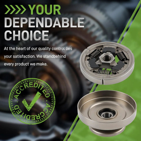 Heavy Duty Clutch Drum And V Belt Pulley Kit With Spark Plug For Stihl TS410 TS420 Cut Off Saw Replaces 4238 760 8500 Pro Grade Replacement Parts shown with text "Your Dependable Choice" and "Accredited" seal.