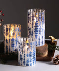 Blue Dots Flameless LED Candles In Glass Jars Set Of 3 With Remote Control on wooden tray