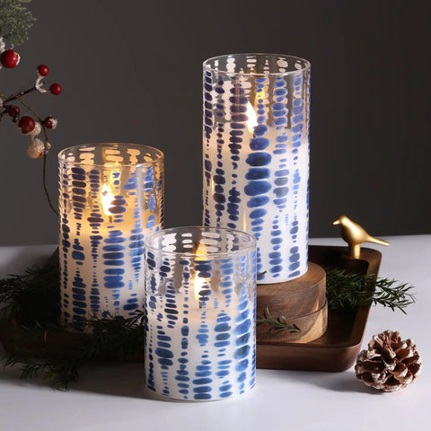 Blue Dots Flameless LED Candles In Glass Jars Set Of 3 With Remote Control on wooden tray