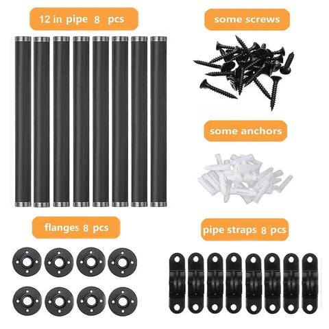 12 Inch Industrial Pipe Shelf Brackets Set Of 8 In Black Iron Rustic Finish For Wall Mounted DIY Shelving Great For Floating Shelves And Custom Pipe Furniture Projects showing pipes, screws, anchors, flanges, and straps
