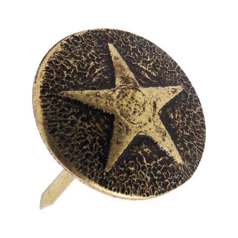 Top Shelf 100 Piece Star Bronze Furniture Tacks With Rust Proof Finish And Sleek Vintage Vibe For Straight Up Wood Repair And Sweet Upholstery Upcycling Work, close-up of decorative star tack.
