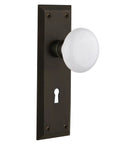 New York Plate Privacy Door Lock Set With White Porcelain Knob And Keyhole, Two And Three Eighths Backset, Oil Rubbed Bronze Finish