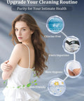 Woman in white dress showcasing benefits of handheld bidet sprayer with water filter, highlighting chlorine-free, hygienic, skin-friendly features.