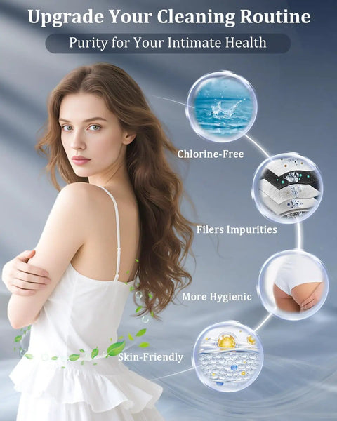 Woman in white dress showcasing benefits of handheld bidet sprayer with water filter, highlighting chlorine-free, hygienic, skin-friendly features.