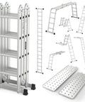 15.5 Feet Aluminum Folding Ladder 7 In 1 Multi Position Workhorse With Secure Click And Lock System Six Joints Converts To Scaffold Leaning Ladder And Stepladder EN131 Standard 330 Lb Capacity For Home And Jobsite, folded and multiple positions