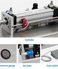 Heavy Duty Pneumatic Liquid Filling Machine With An Automatic Single Head Bottle Filler Rig showing pneumatic cylinder, air inlet, and pressure gauge.
