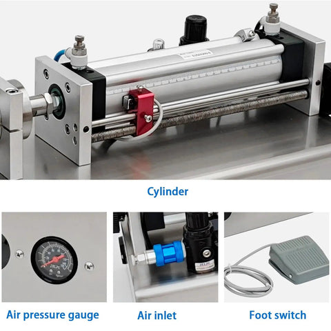 Heavy Duty Pneumatic Liquid Filling Machine With An Automatic Single Head Bottle Filler Rig showing pneumatic cylinder, air inlet, and pressure gauge.