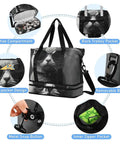 Waterproof Sports Gym Bag With Dry Wet Compartment And Shoe Storage, Large Capacity Duffel For Workout Travel Yoga And Swim, Gray Cat With Sunglasses Design, showing compartments and features.